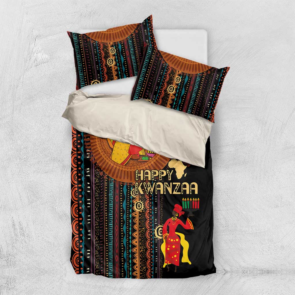 Black bedding set laid flat with Happy Kwanzaa print, tribal stripes, and two matching pillowcases