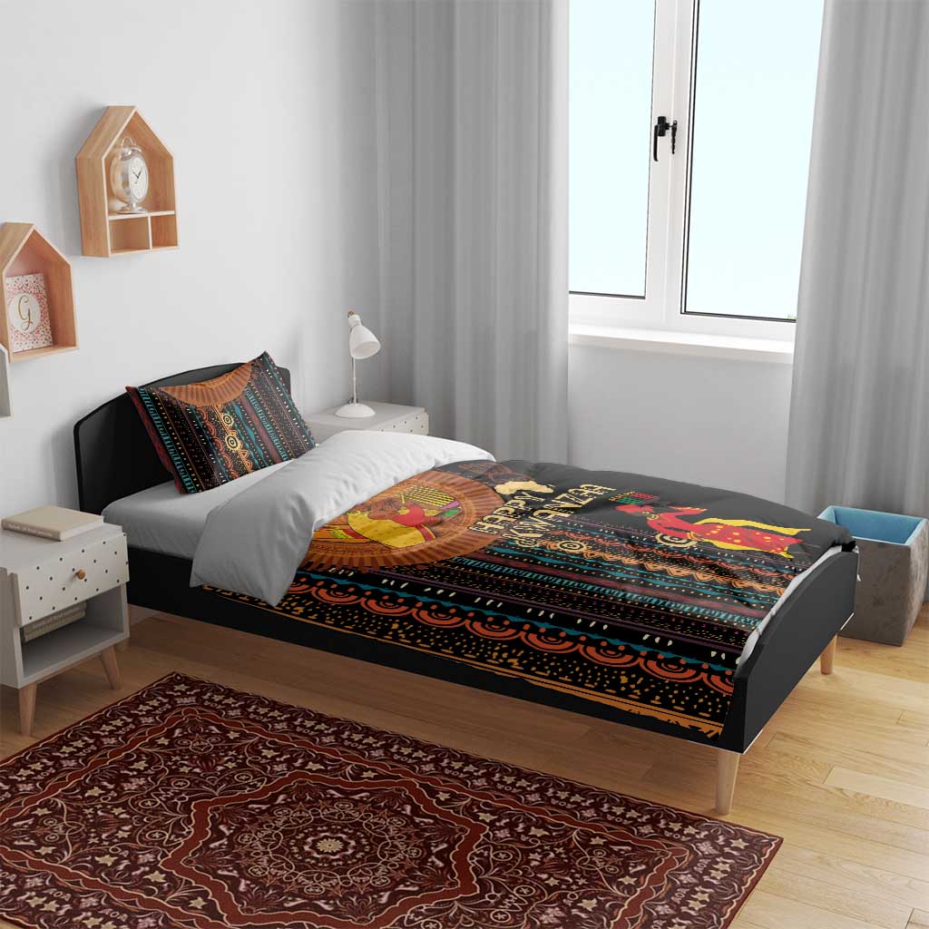 Black bedding set with African tribal stripe design, Happy Kwanzaa characters, and two printed pillows