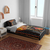 Black bedding set with African tribal stripe design, Happy Kwanzaa characters, and two printed pillows