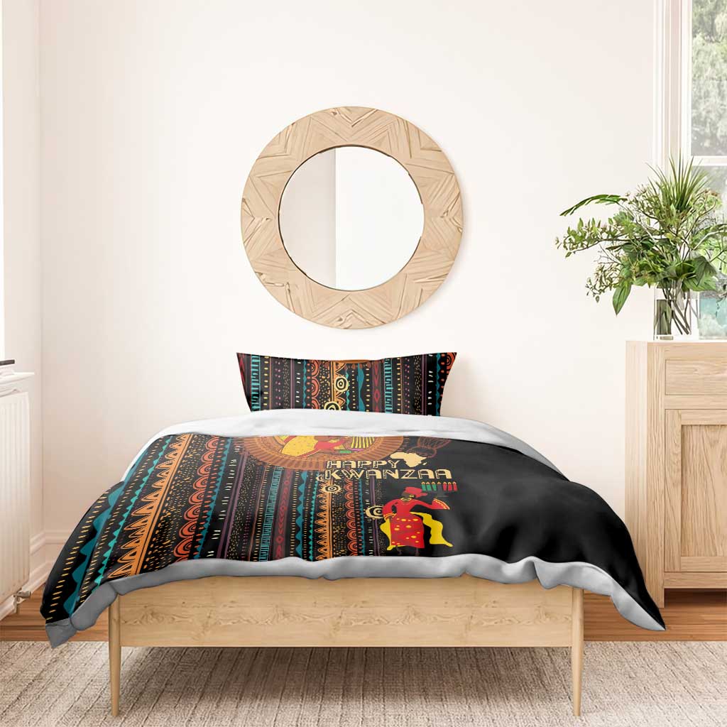 Black bedding set with Happy Kwanzaa text and African tribal pattern on comforter and pillow