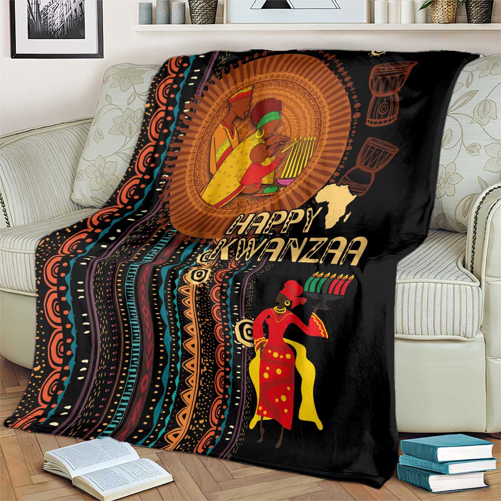 Black African tribal blanket with “Happy Kwanzaa” and a red-and-yellow dancer figure
