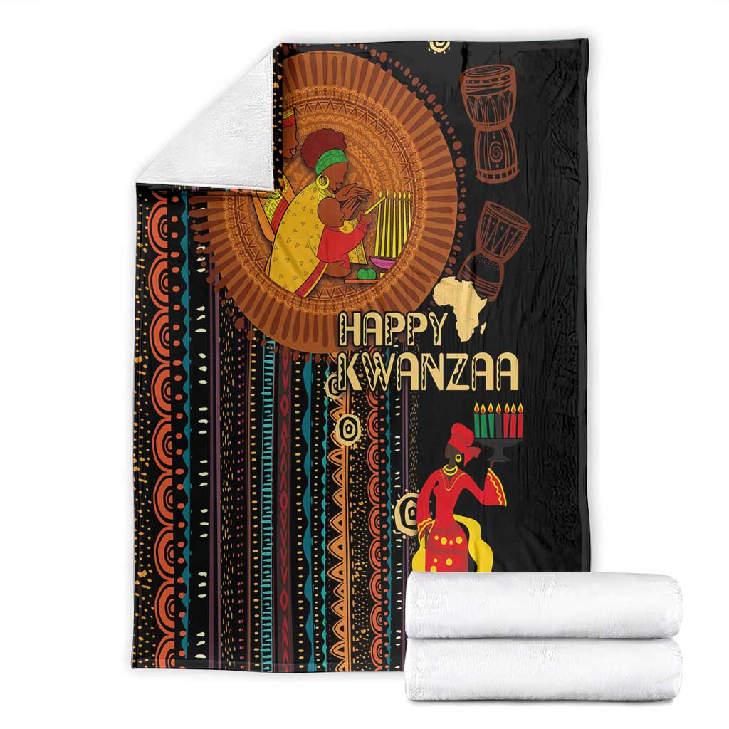 Black decorative Kwanzaa blanket with “Happy Kwanzaa” text, portrait artwork, and candles