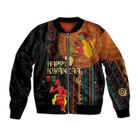 Black unisex bomber jacket with colorful African tribal graphic and ribbed zipper cuffs