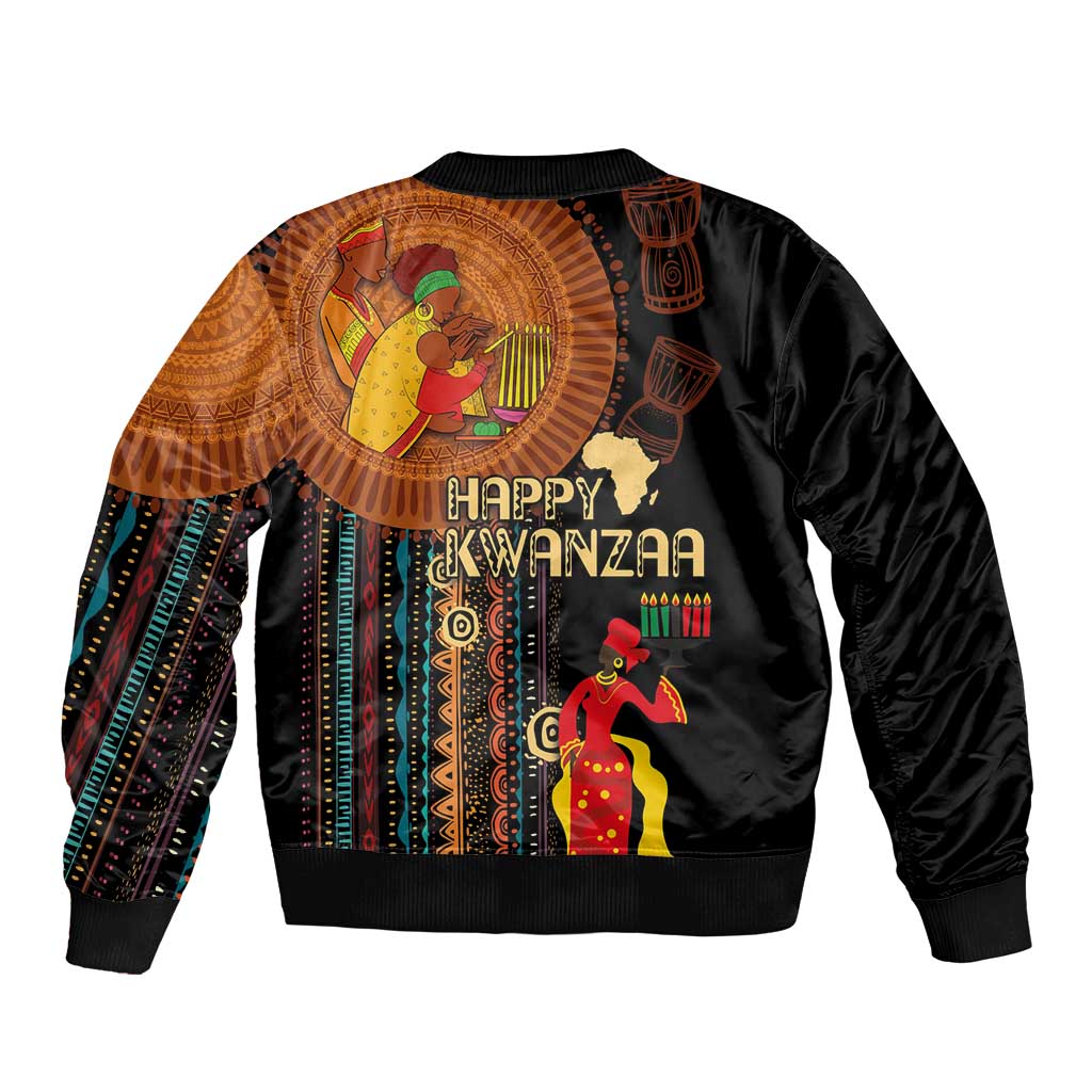 Black unisex bomber jacket, back view with large African tribal pattern and Happy Kwanzaa text