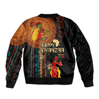 Black unisex bomber jacket, back view with large African tribal pattern and Happy Kwanzaa text
