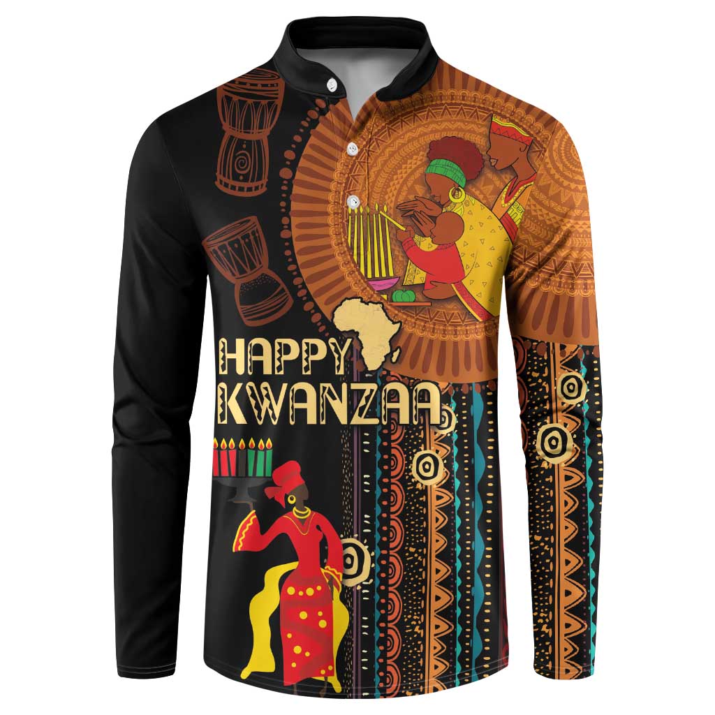 Black button-front long-sleeve sweatshirt with colorful African tribal graphic