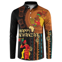 Black button-front long-sleeve sweatshirt with colorful African tribal graphic