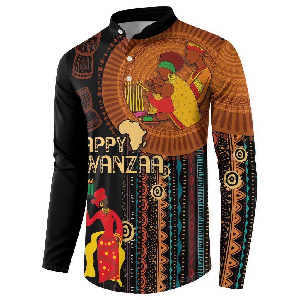 Black button-front long-sleeve sweatshirt with large front tribal figure artwork