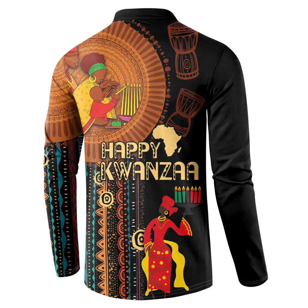 Black long-sleeve sweatshirt with back African tribal scene and Happy Kwanzaa text