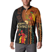 Black button-front long-sleeve sweatshirt with African tribal graphic on chest