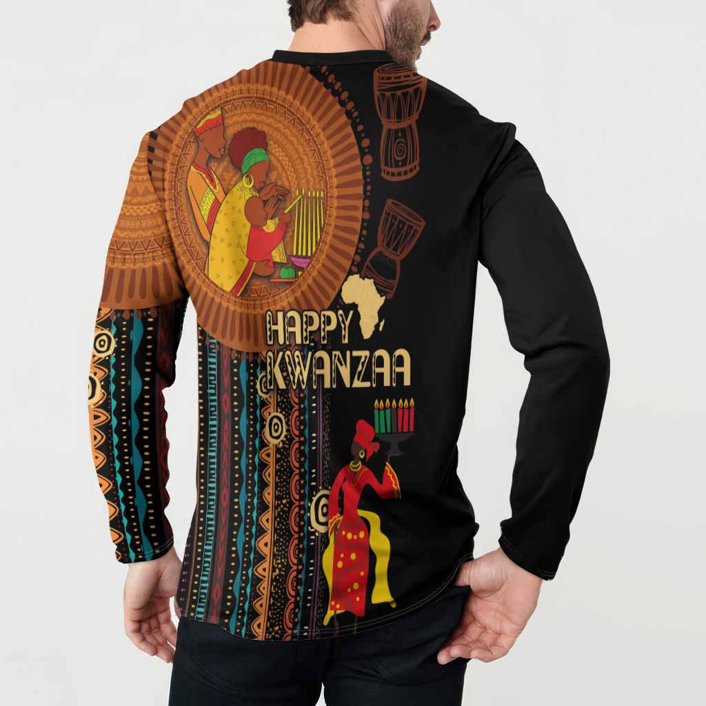 Black long-sleeve sweatshirt with back African tribal artwork and standing figure