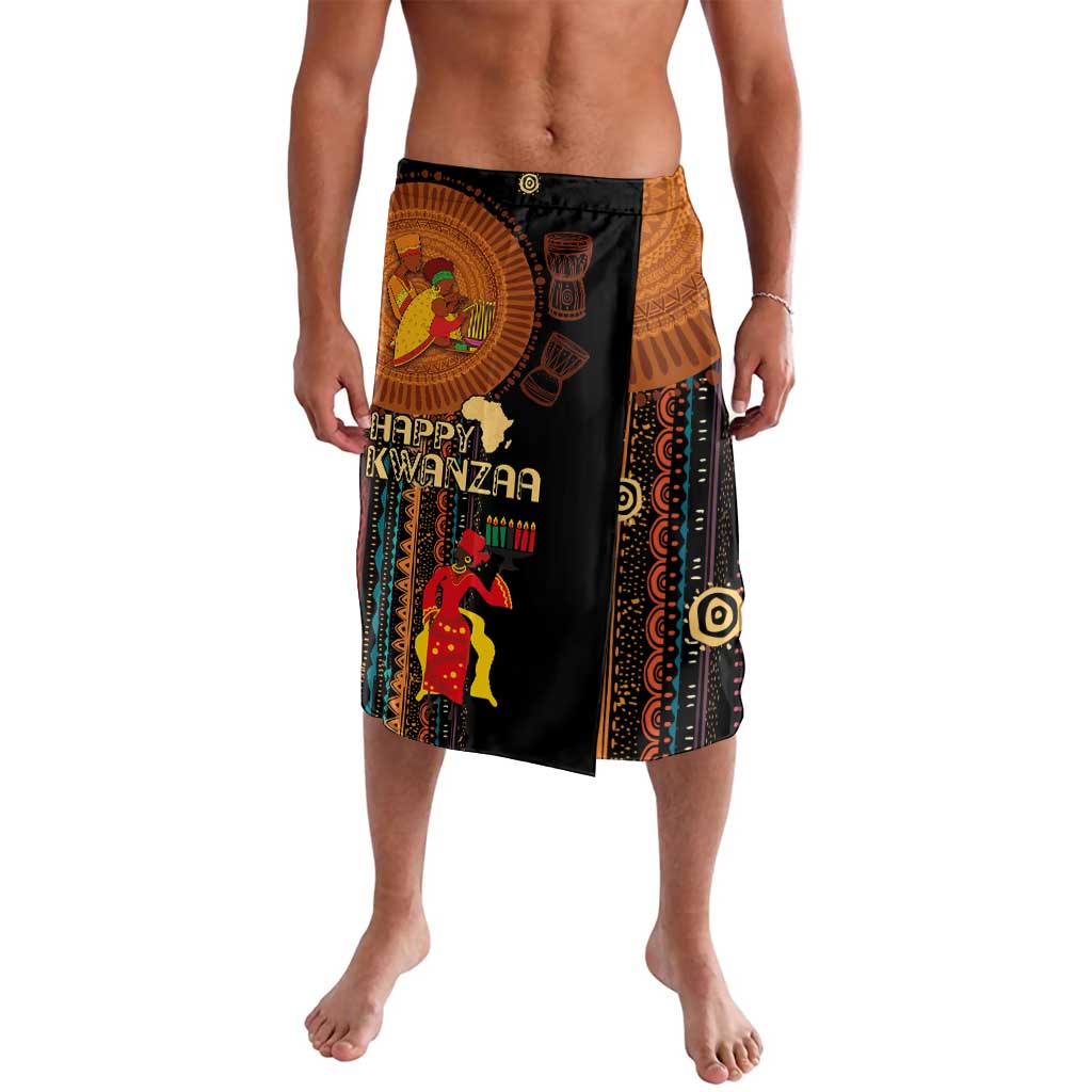 Black African tribal pattern wrap skirt with Happy Kwanzaa graphic, front view