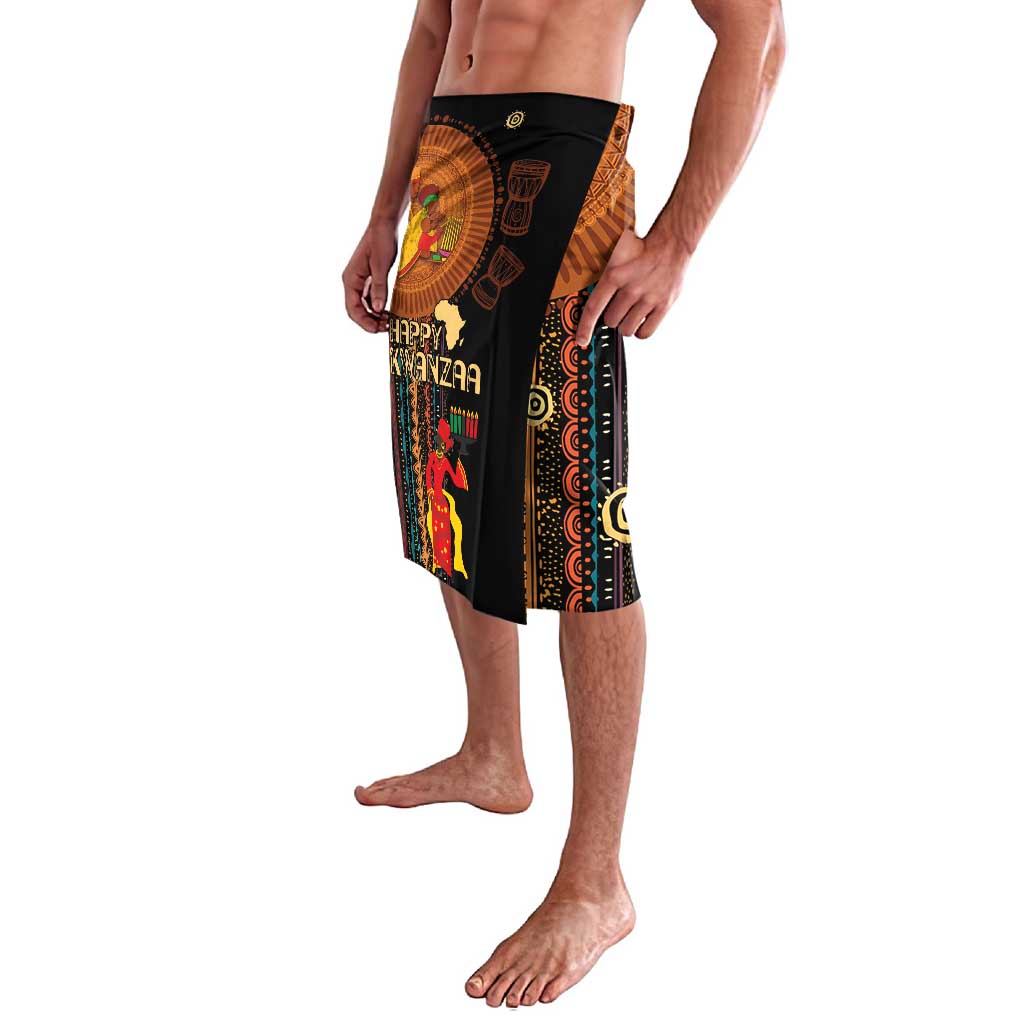 Black African print wrap skirt with Happy Kwanzaa artwork, side view