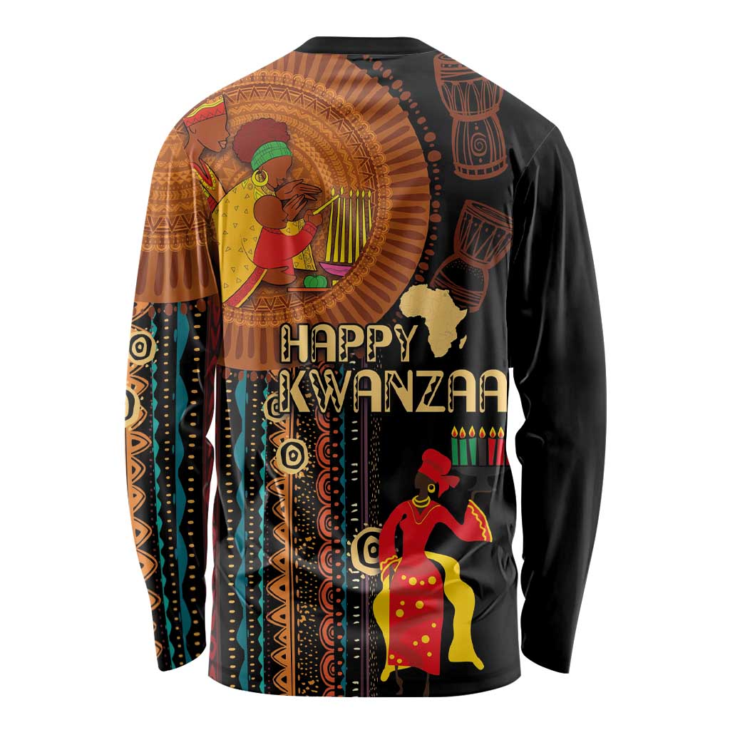 Long sleeve crewneck shirt, black with African tribal print and Happy Kwanzaa text on back