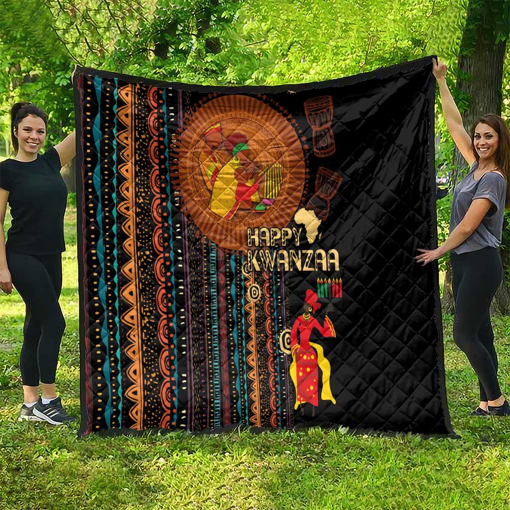 Black African tribal pattern quilt, Happy Kwanzaa centerpiece with illustrated figures