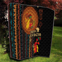 Black quilt with colorful African striping, Happy Kwanzaa text and woman figures