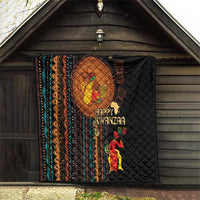 Black quilt with African tribal striping and Happy Kwanzaa centerpiece with figures