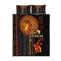 Black quilt bed set with 'Happy Kwanzaa' center medallion, quilted pattern, 2 pillows