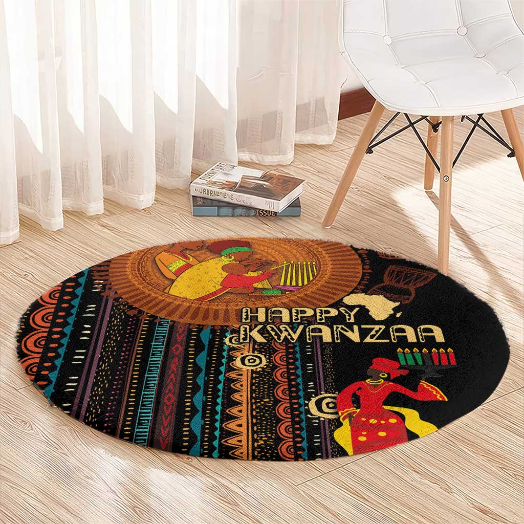 Round area rug with Happy Kwanzaa design, black background and colorful African tribal pattern.