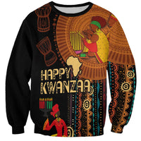 Unisex black crewneck sweatshirt with colorful Kwanzaa tribal graphic and Happy Kwanzaa