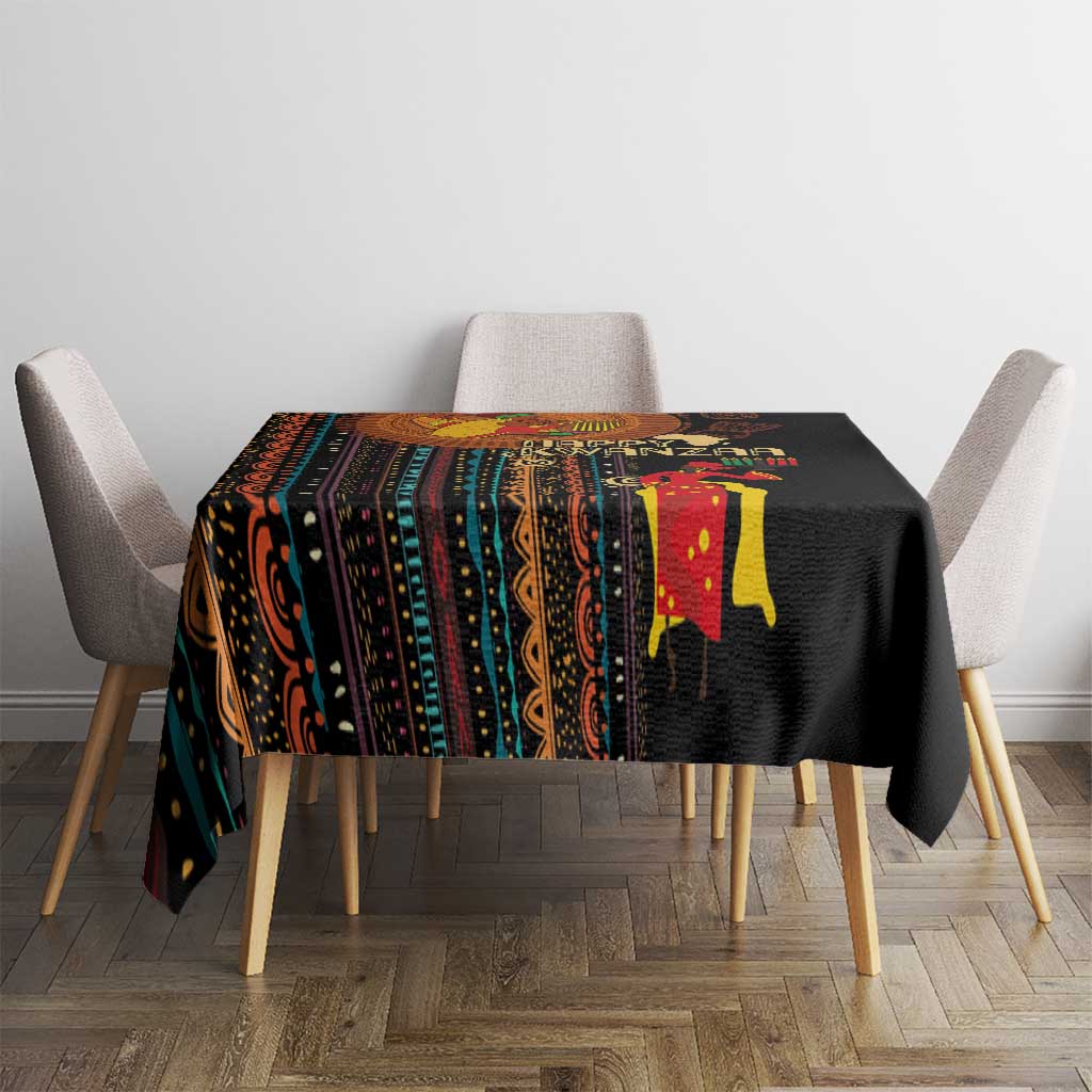 Black tribal-pattern tablecloth with colorful geometric stripes