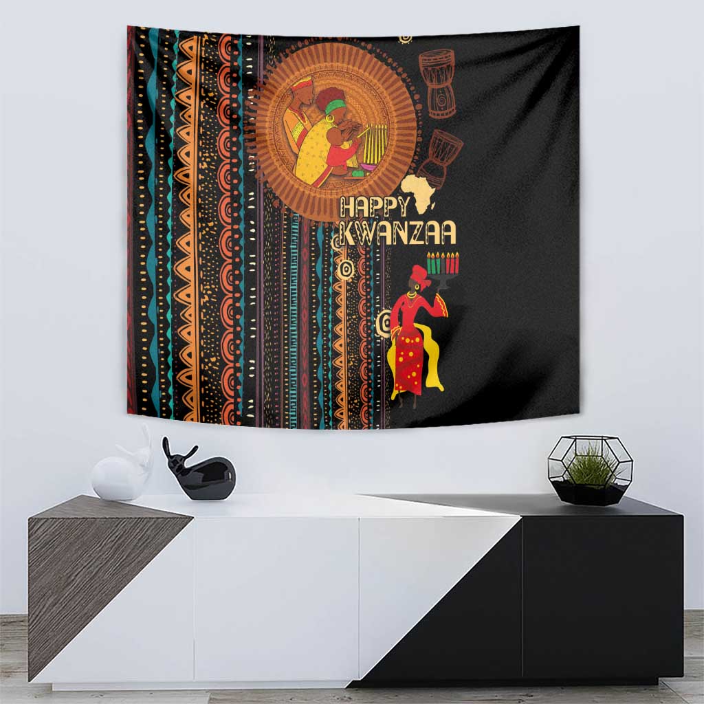 Black African tribal tapestry above console with 'Happy Kwanzaa' and two decorative figures