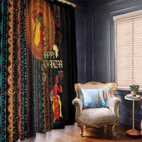 Black African tribal window curtain panel with colorful medallion artwork and Happy Kwanzaa lettering.