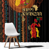 Black African tribal window curtain with Happy Kwanzaa text, candles, and colorful dancing figure graphic.