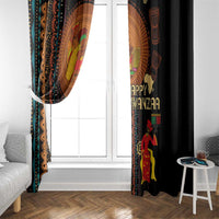 Black African tribal window curtain panels with Happy Kwanzaa design near the window center.
