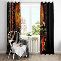 Black African tribal window curtains with colorful central medallion and Happy Kwanzaa lettering on right.