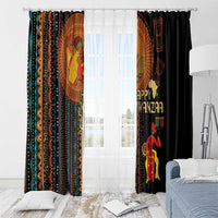 Black African tribal window curtains with Happy Kwanzaa text and colorful dancer-and-candles illustration.
