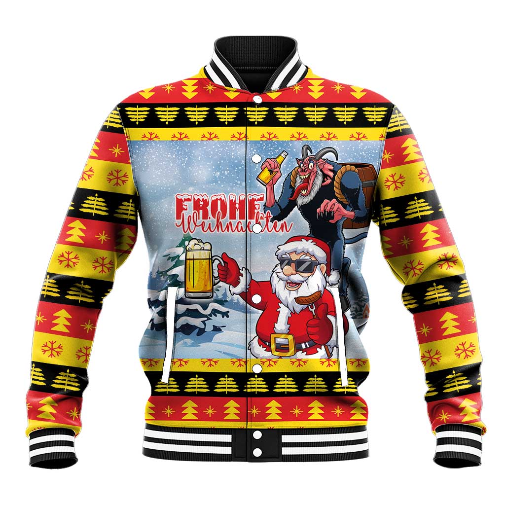 Red baseball jacket with black-and-white striped rib cuffs, holiday graphic front, snap buttons