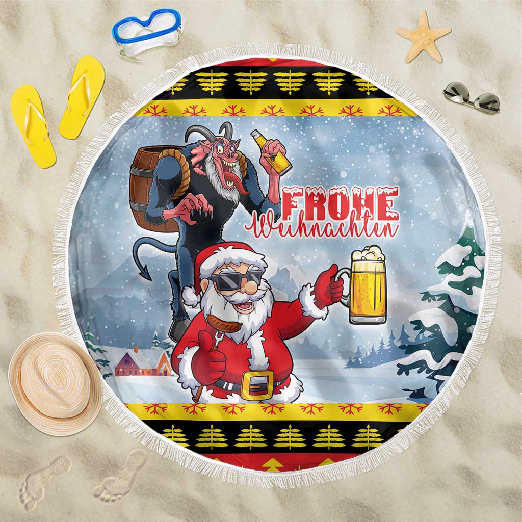 Round beach blanket with white fringe, blue holiday graphic with Santa and beer