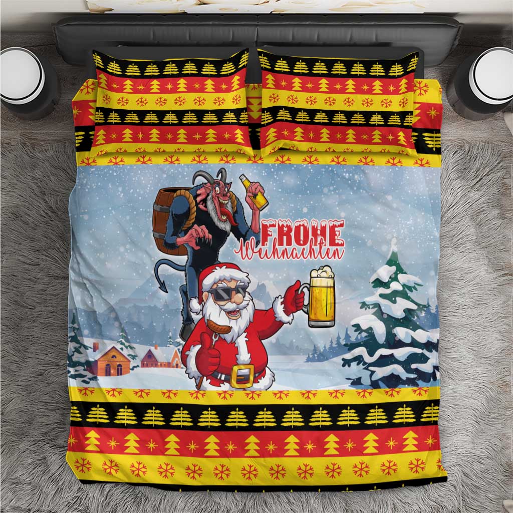 Red and yellow Christmas bedding set with Santa and Krampus holding beer on light blue