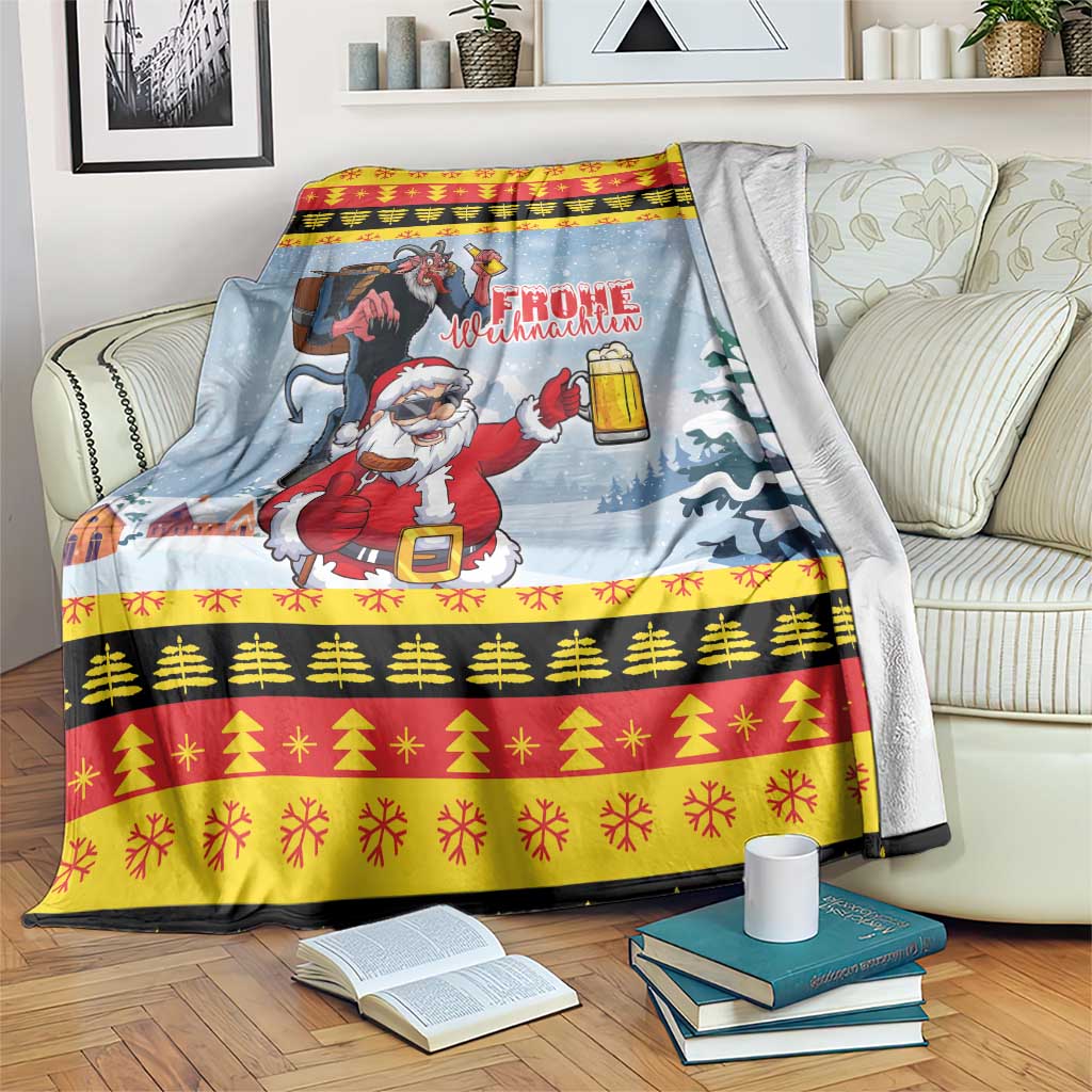 Red holiday blanket draped over sofa, Santa and Krampus beer-lantern winter scene.