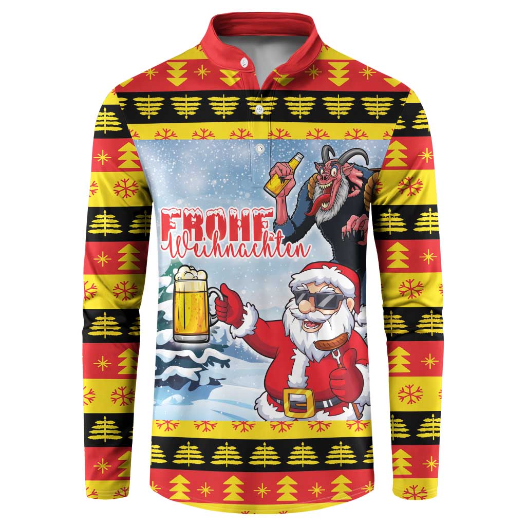 Red button sweatshirt with holiday scene print featuring Santa, krampus, and beer mug