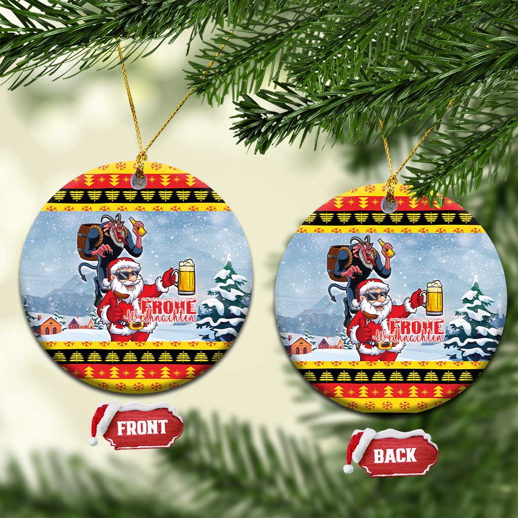 Circle ceramic Christmas ornament, Santa and Krampus with beer, front and back view.