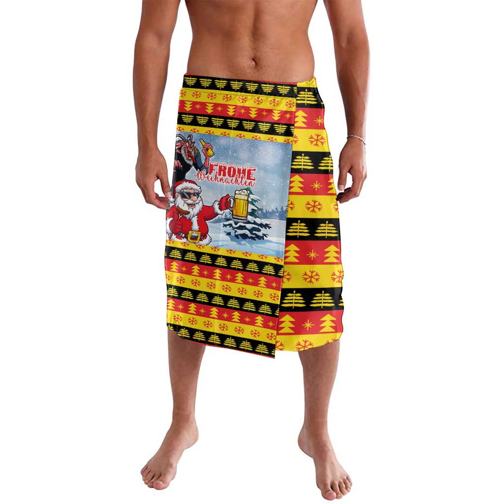 Christmas print shorts with Santa and Krampus, red yellow black front