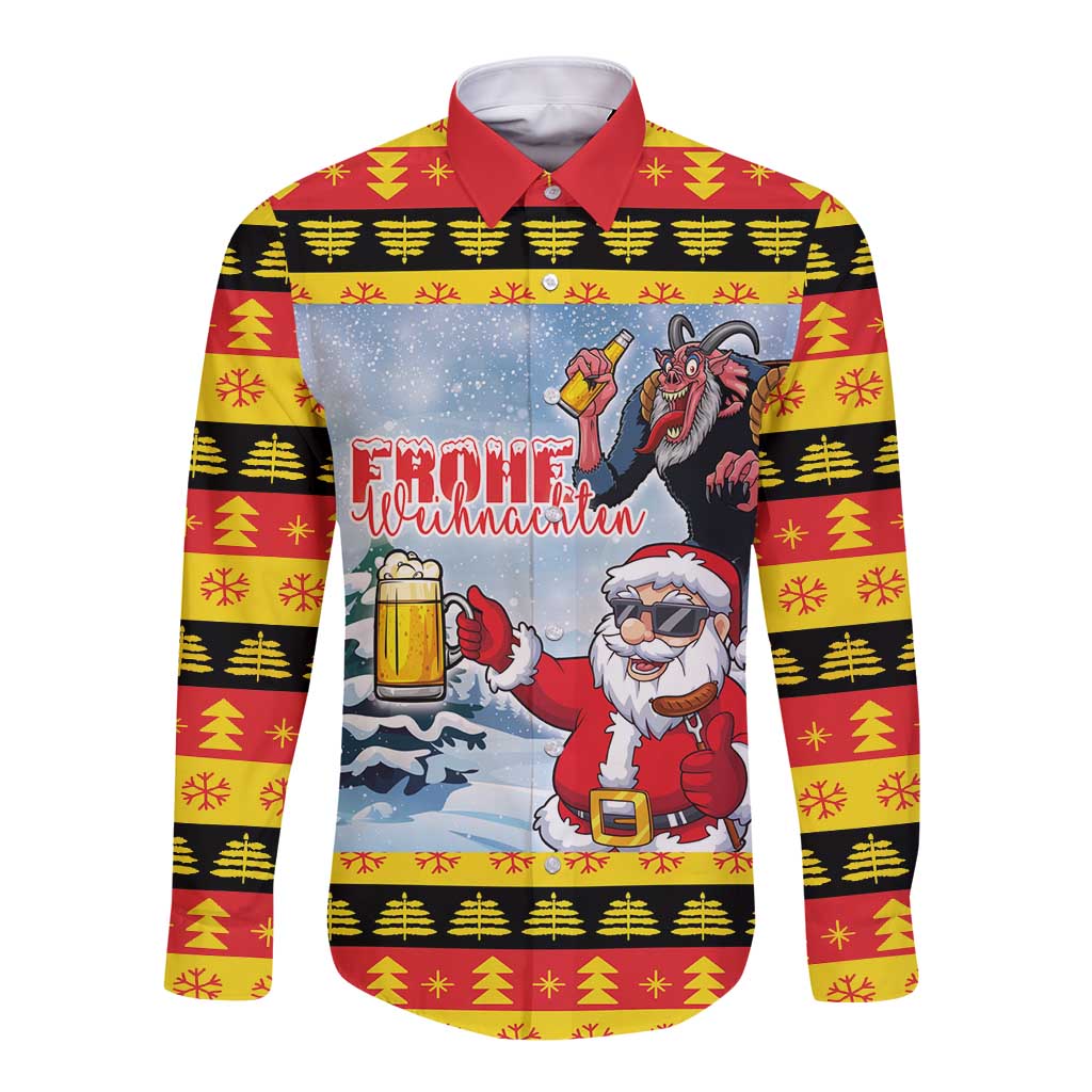 Red and yellow festive long-sleeve button shirt with cartoon Santa drinking beer