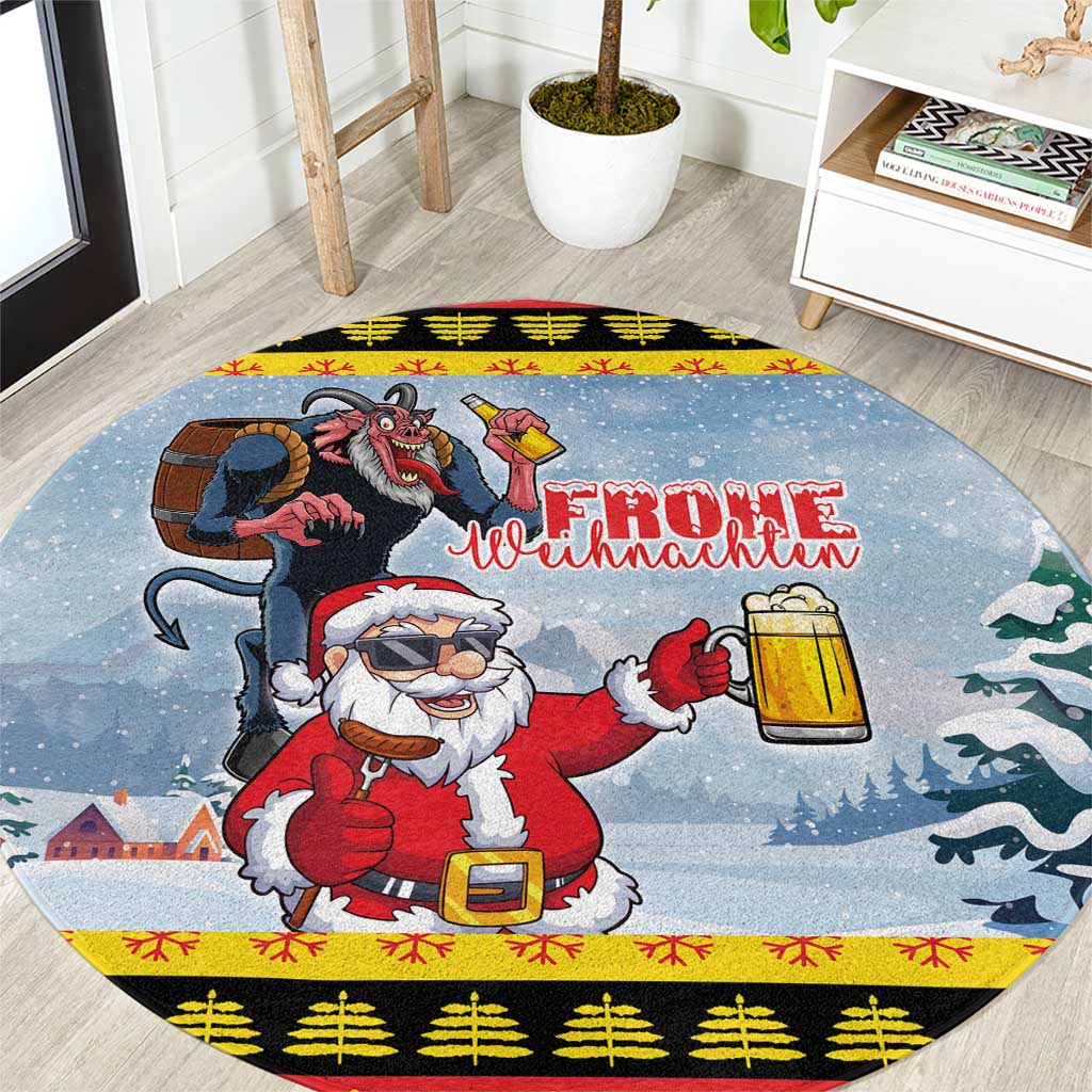 Round holiday rug with cartoon Santa and Krampus holding beer lanterns on blue