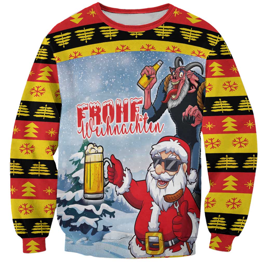 Christmas sweatshirt with Santa & Krampus graphic, 'Frohe Weihnachten', beer mugs