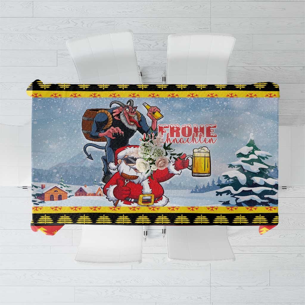 Festive red and black tablecloth panel with Santa and Krampus drinking beer