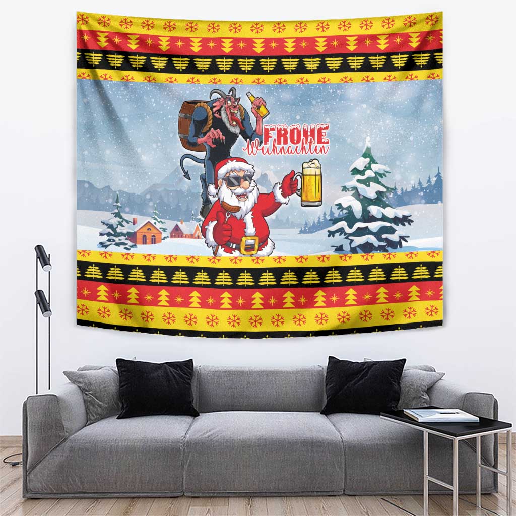 Christmas tapestry with Santa and Krampus holding a lantern, red yellow black border