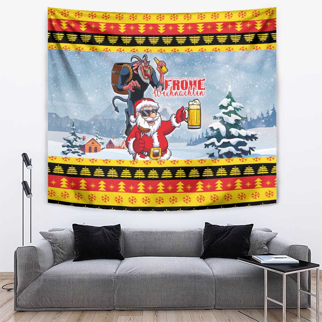 Deutschland Frohe Weihnachten Tapestry Funny Santa Claus and Krampus Drink Beer Together