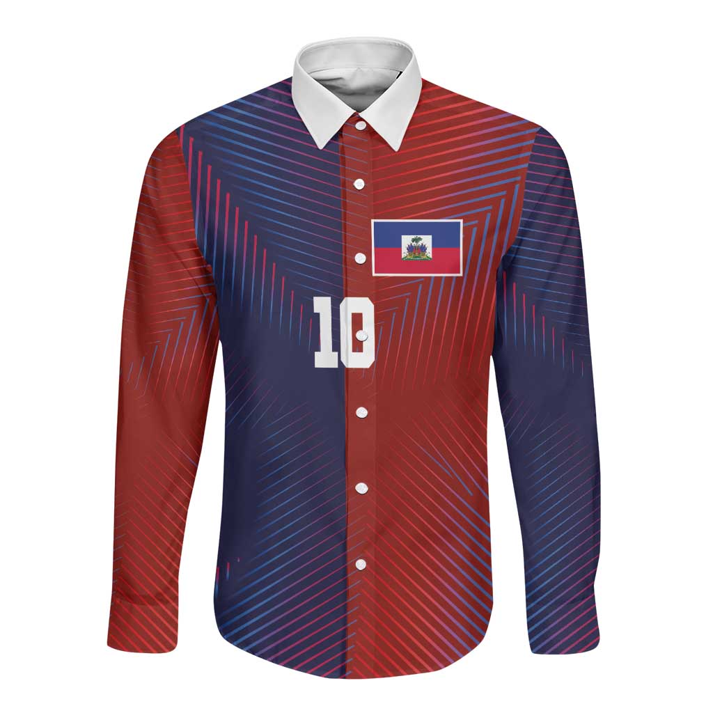 Custom Haiti National Football Long Sleeve Button Shirt Red Blue The Half Sporty Design - Wonder Print Shop