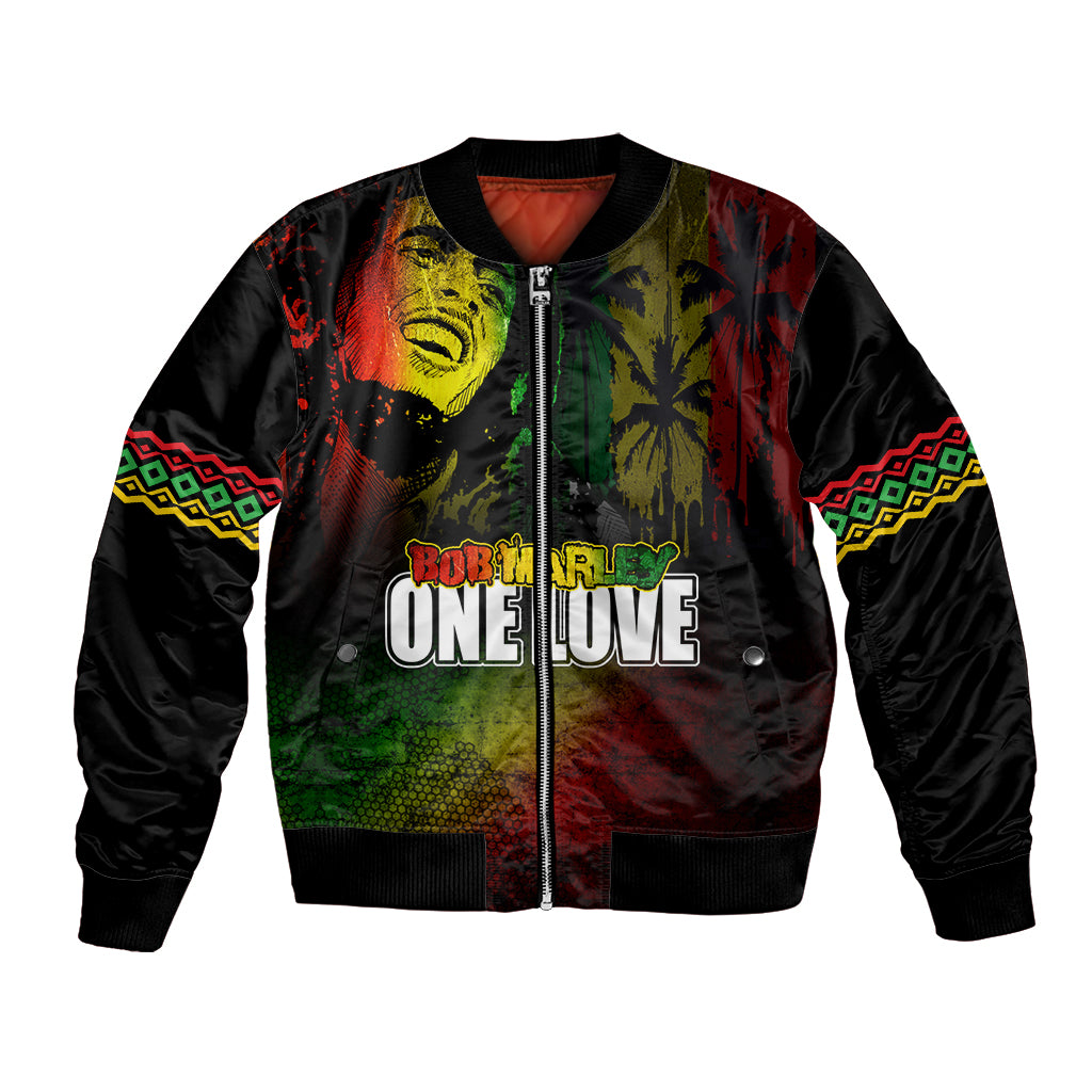 Black bomber jacket with colorful lion graphic, ribbed cuffs, and front zipper; 'ONE LOVE'.