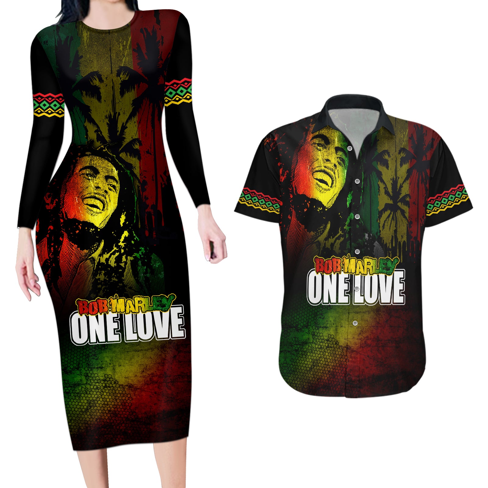 King of Reggae Couples Matching Long Sleeve Bodycon Dress and Hawaiian Shirt Jamaican Reggae One Love - Wonder Print Shop