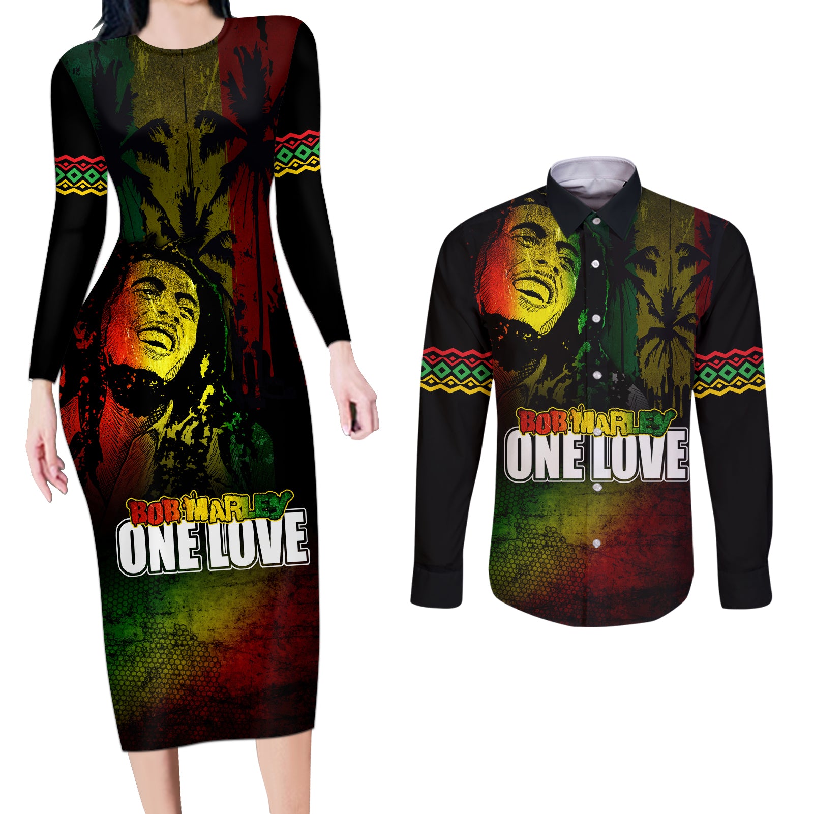 King of Reggae Couples Matching Long Sleeve Bodycon Dress and Long Sleeve Button Shirt Jamaican Reggae One Love - Wonder Print Shop