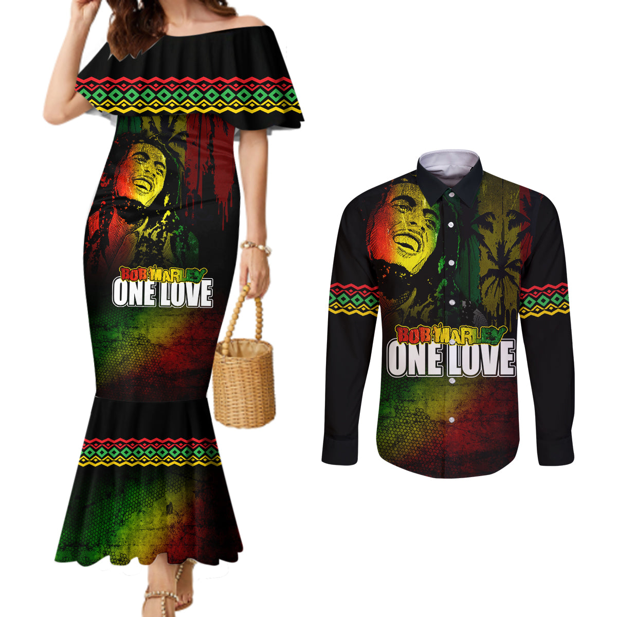 King of Reggae Couples Matching Mermaid Dress and Long Sleeve Button Shirt Jamaican Reggae One Love