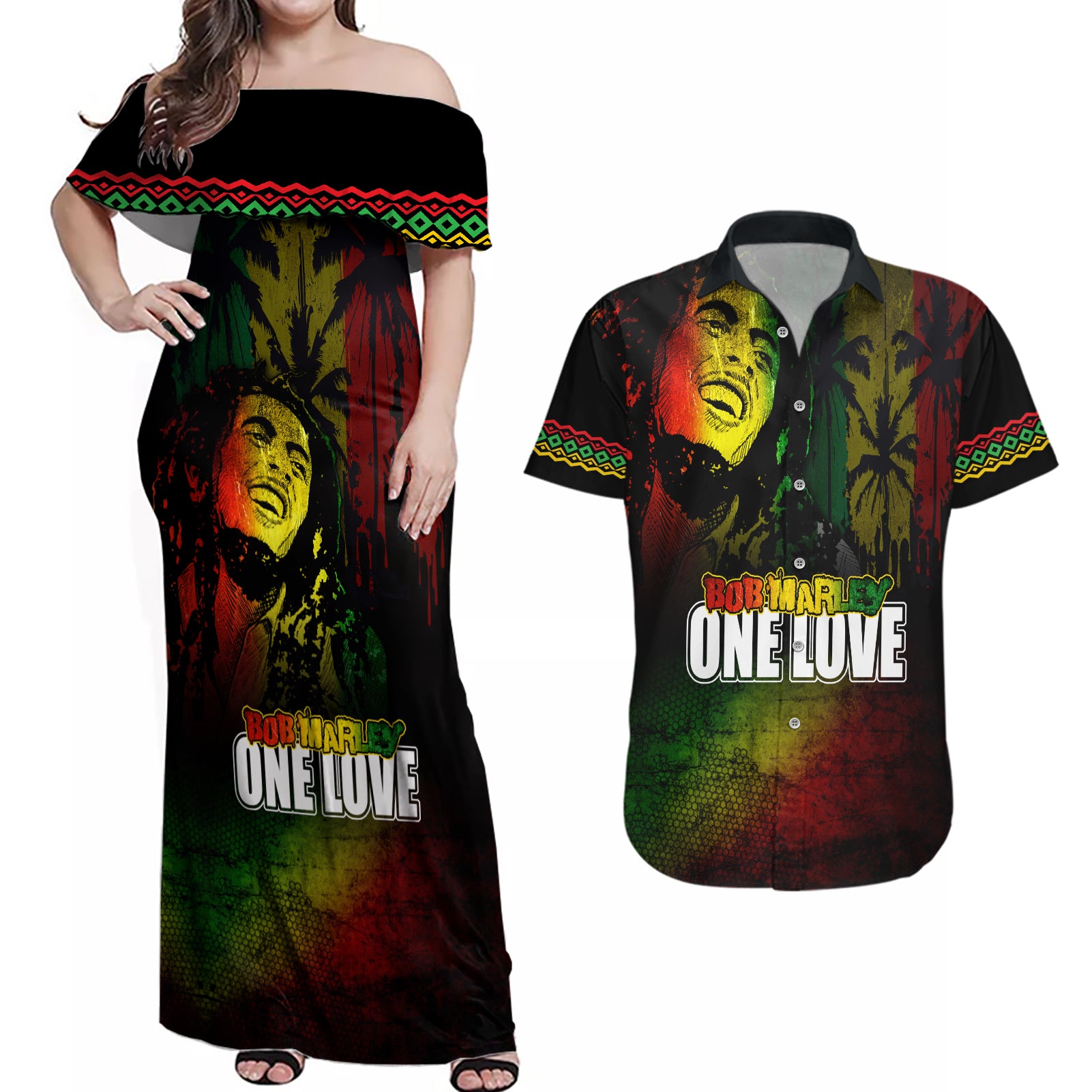 King of Reggae Couples Matching Off Shoulder Maxi Dress and Hawaiian Shirt Jamaican Reggae One Love